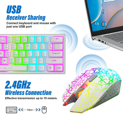 LexonElec Wireless Gaming Keyboard and Mouse Combo, 61 Key RGB Backlit, Ergonomic Design, Rechargeable, White Rainbow, Model T61