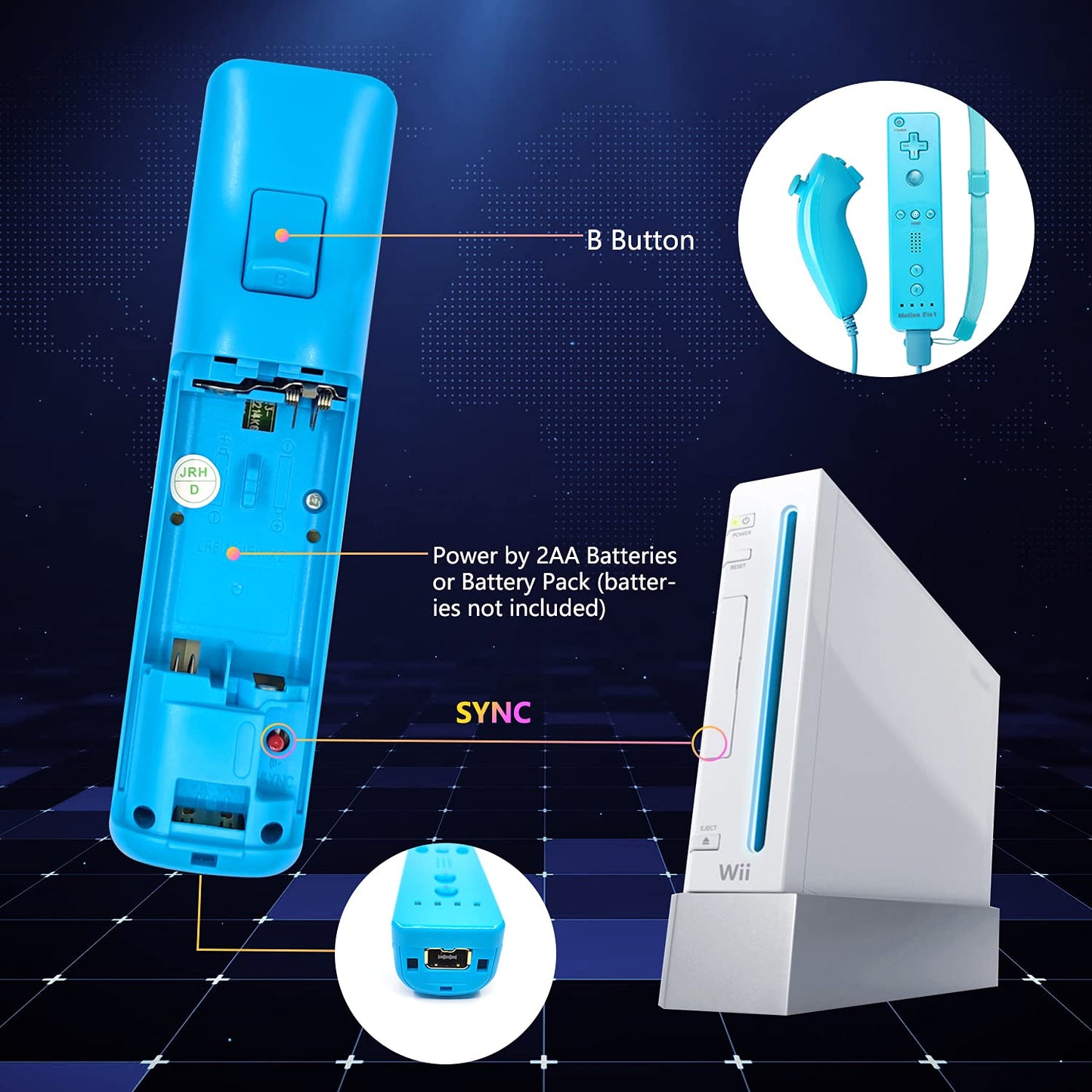 Burcica Wireless Controllers for Wii/Wii U - Black and Blue with Silicone Case & Wrist Strap