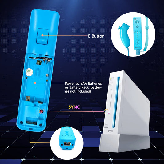 Burcica Wireless Controllers for Wii/Wii U - Black and Blue with Silicone Case & Wrist Strap