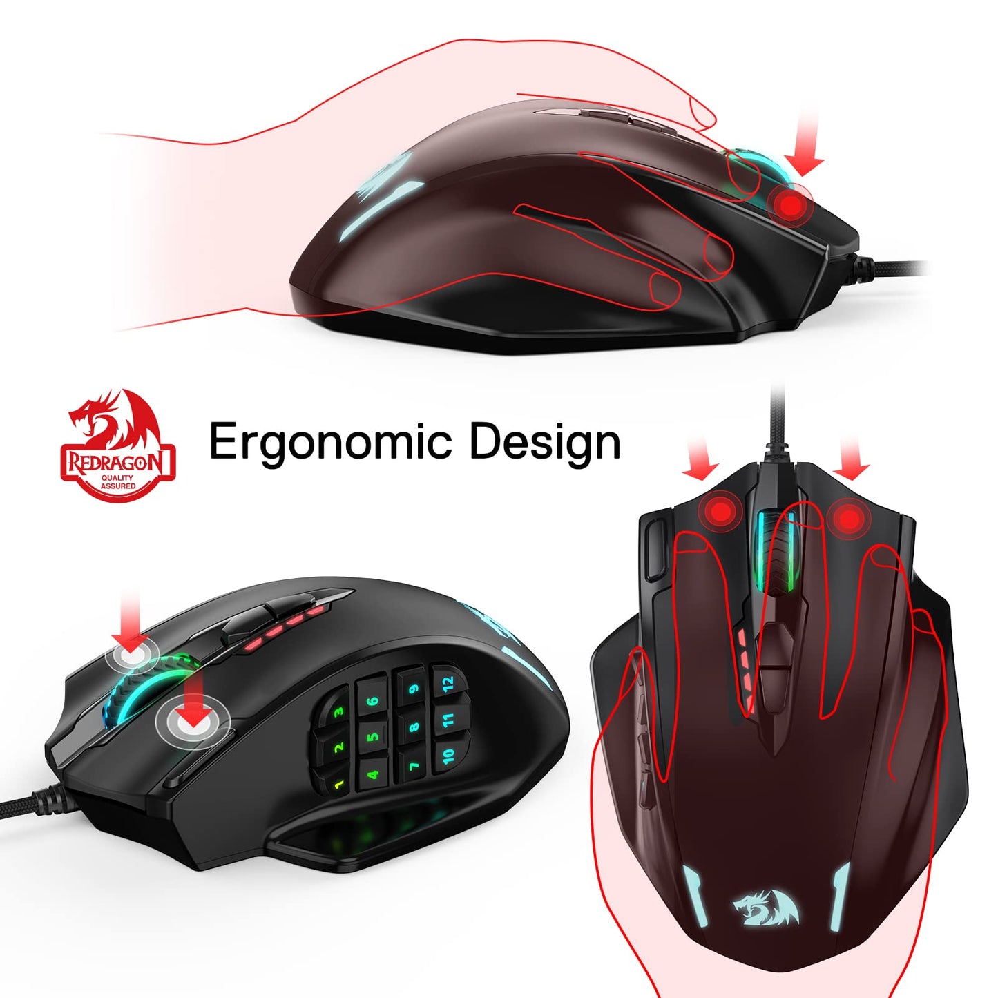 Redragon M908 RGB LED MMO Gaming Mouse - 12 Side Buttons, 12400 DPI, Wired, Ergonomic, Black