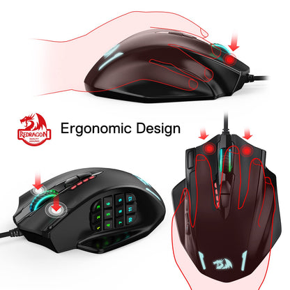 Redragon M908 RGB LED MMO Gaming Mouse - 12 Side Buttons, 12400 DPI, Wired, Ergonomic, Black