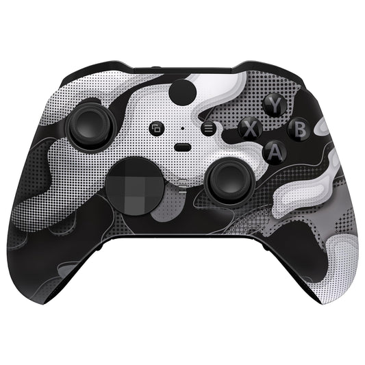eXtremeRate Black White Camouflage Replacement Faceplate Cover for Xbox One Elite Controller Series 2 (Model 1797) Soft Touch Front Housing Shell & Accent Rings for Xbox Elite Series 2 Core Controller