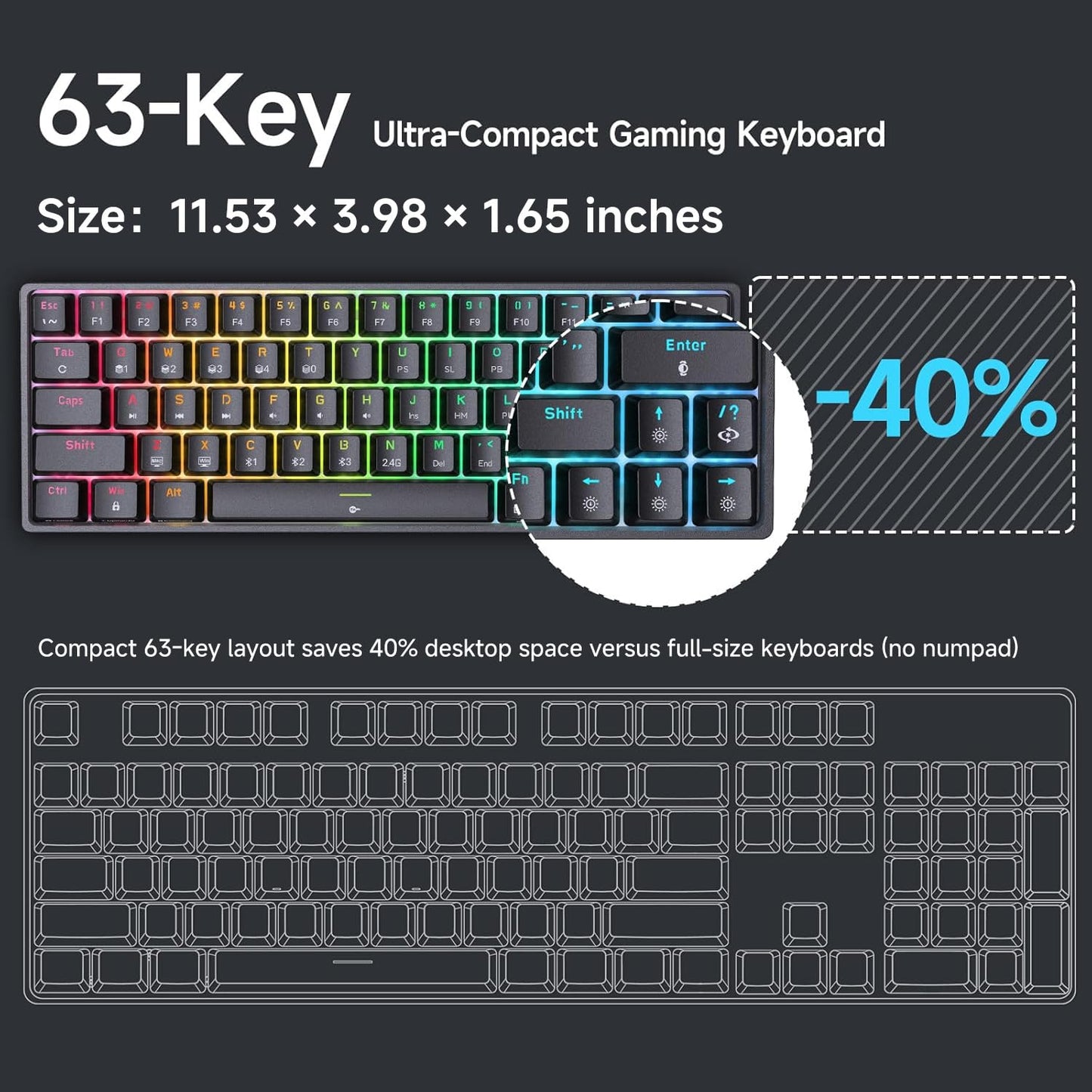 DIERYA DK63 60% Wireless Mechanical Gaming Keyboard - RGB Backlit, Quiet Red Switches, Bluetooth/2.4G/Wired, Black
