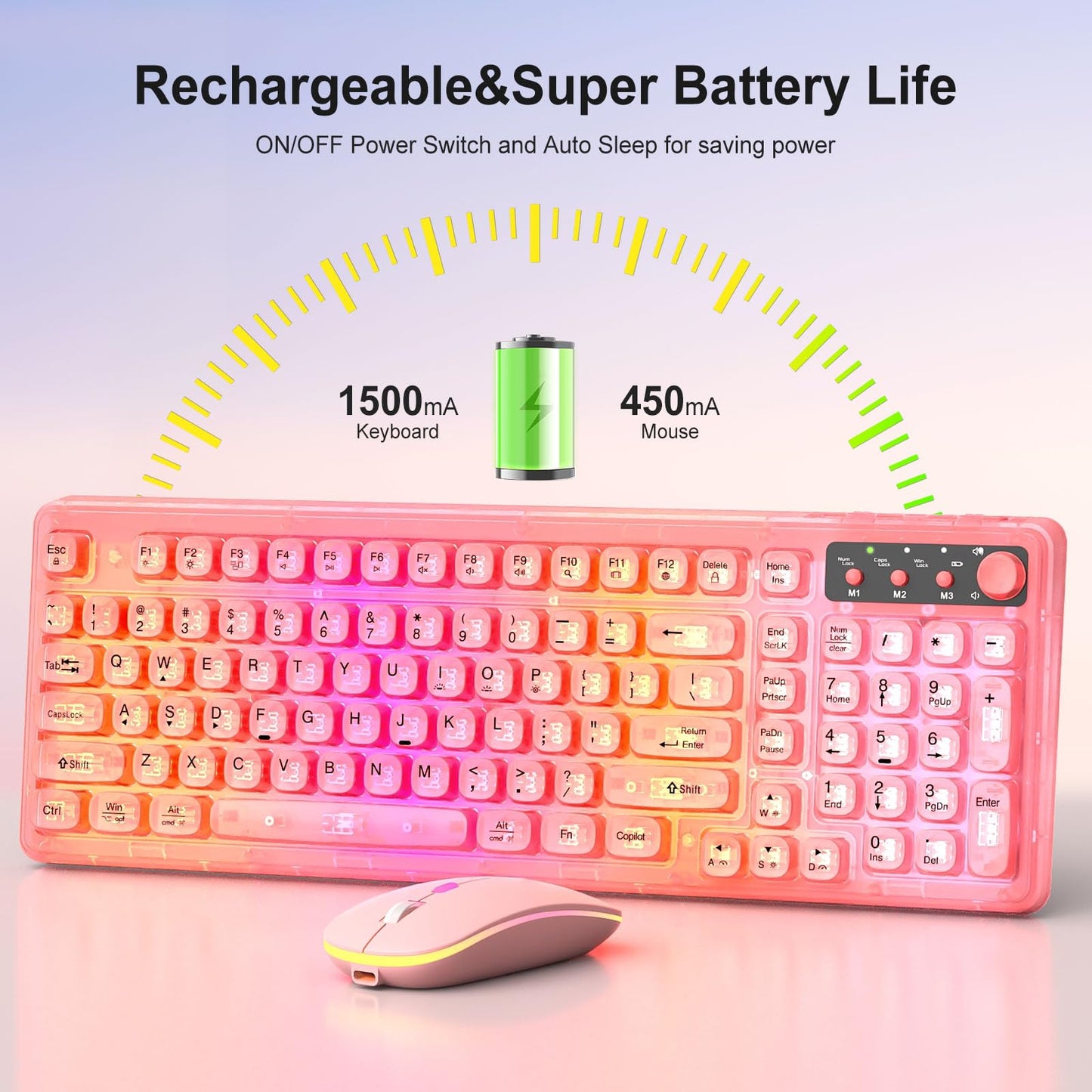 BAIHUAFRU Wireless Backlit Keyboard and Mouse Set, Full Size, Pink, 2.4GHz, Rechargeable, 15 Backlight Effects, RGB Mouse, Volume Knob