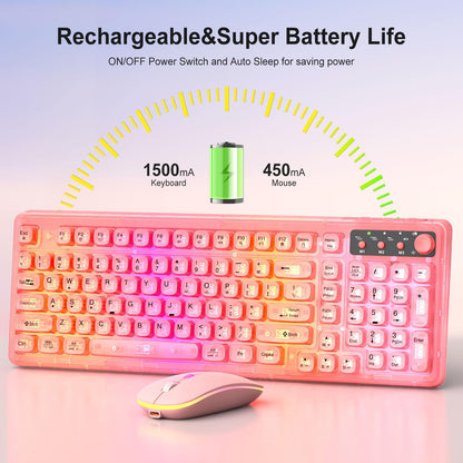 BAIHUAFRU Wireless Backlit Keyboard and Mouse Set, Full Size, Pink, 2.4GHz, Rechargeable, 15 Backlight Effects, RGB Mouse, Volume Knob