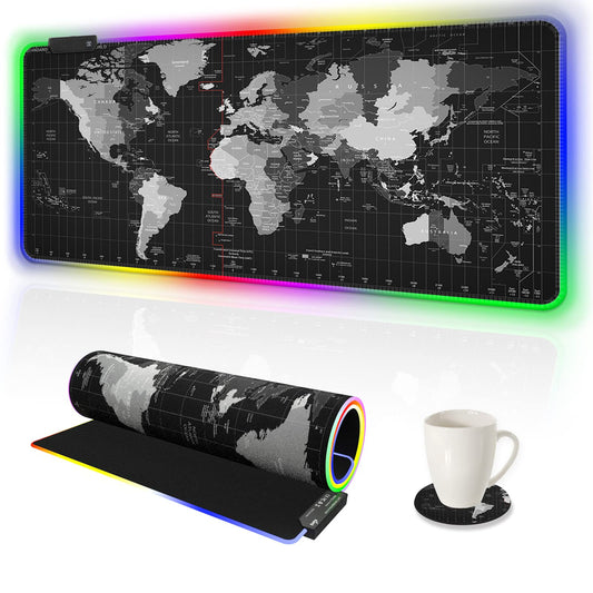 AIMSA RGB Gaming Mouse Pad - Large 35.4x15.8, Non-Slip Rubber Base, 14 Lighting Modes, Waterproof, Black World Map Design