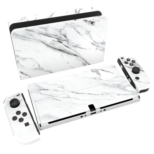 PlayVital Full Set Protective Stickers for Nintendo Switch OLED Model  Customized Vinyl Decal Skins for Switch OLED Console & Joycon & Dock & Grip - Modern White Marble