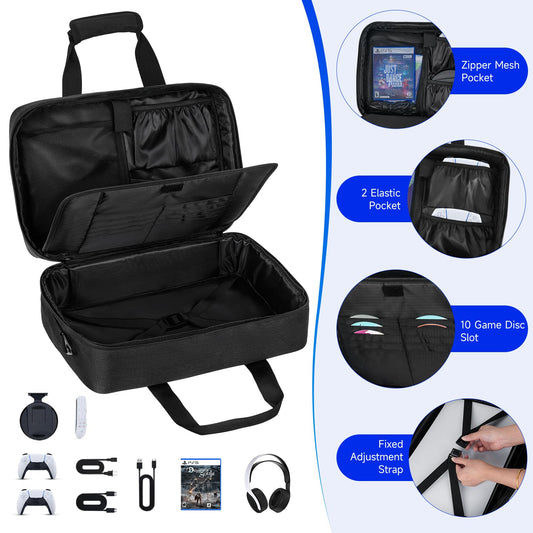 LEFOR·Z PS5 Carrying Case - 17 Pockets Travel Storage Bag, Black, 16.93"x7.48"x12.01", Thick Padding for PS5/PS4