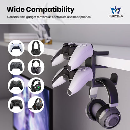 EURPMASK 3-in-1 Gaming Headset & Controller Holder, Adjustable Clamp, Rotating Arm, Cable Organizer, Black, Model ZYM-GAMEHSET-UP