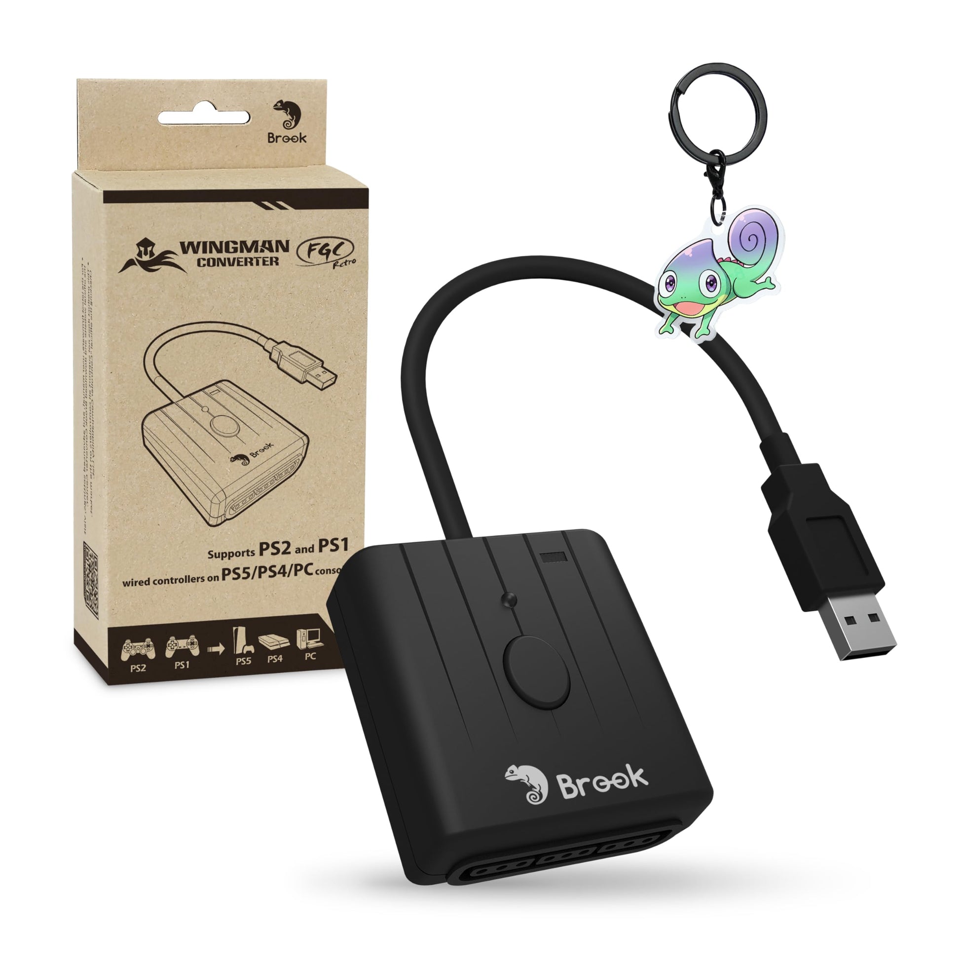 Brook FGC Retro with Keychain - PS1 & PS2 Controller for PS5  PS4  PC - Turbo  Remap  Macro - X-Input - Compatible with Dance Mats  Arcade Sticks  Rhythm Game Controllers