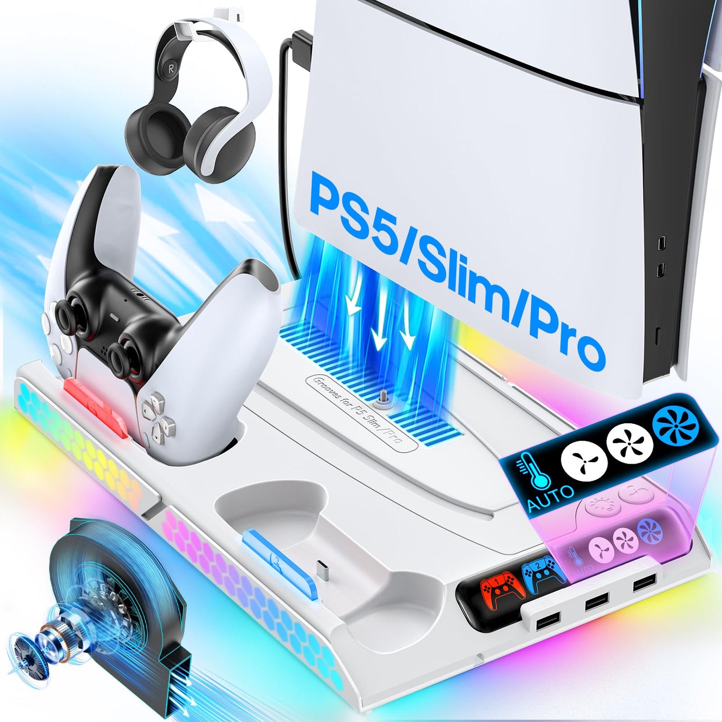 Gersker Cooling Station and Stand for PS5/Slim/Pro  PS5 Cooling Fan Auto Control for Digital/Disc Console  PS 5 Controller Charger  Play 5 Gaming Accessories with 9 RGB Lights  PS5 Charger