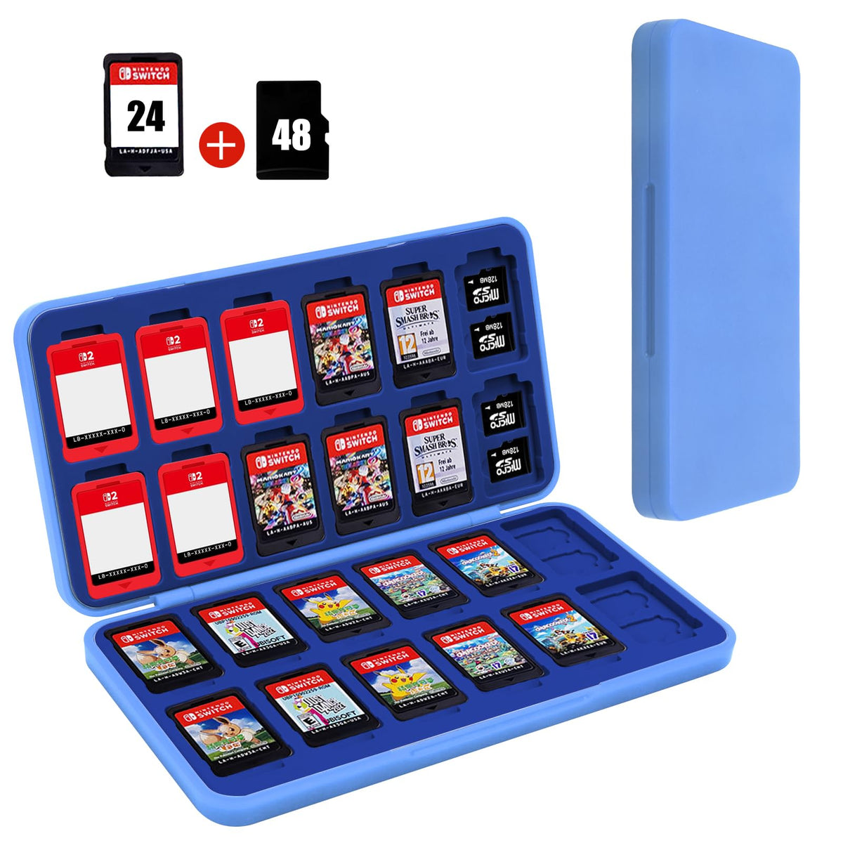 FYY Nintendo Switch Game Case Holder for Switch 2 refill unit Case with 24 Game Card sections & 48 Micro SD Card sections  Hard Shell  Silicone Lining Light Blue Dark Blue