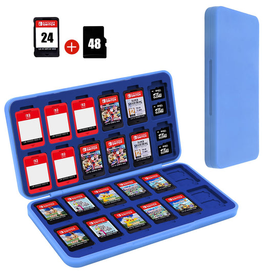 FYY Nintendo Switch Game Case Holder for Switch 2 refill unit Case with 24 Game Card sections & 48 Micro SD Card sections  Hard Shell  Silicone Lining Light Blue Dark Blue