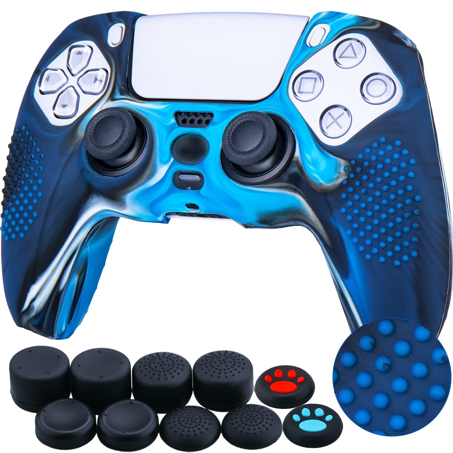 YoRHa Studded Silicone Cover Skin Case for PS5 Controller x 1(Camouflage Blue) with Pro Thumb Grips x 10