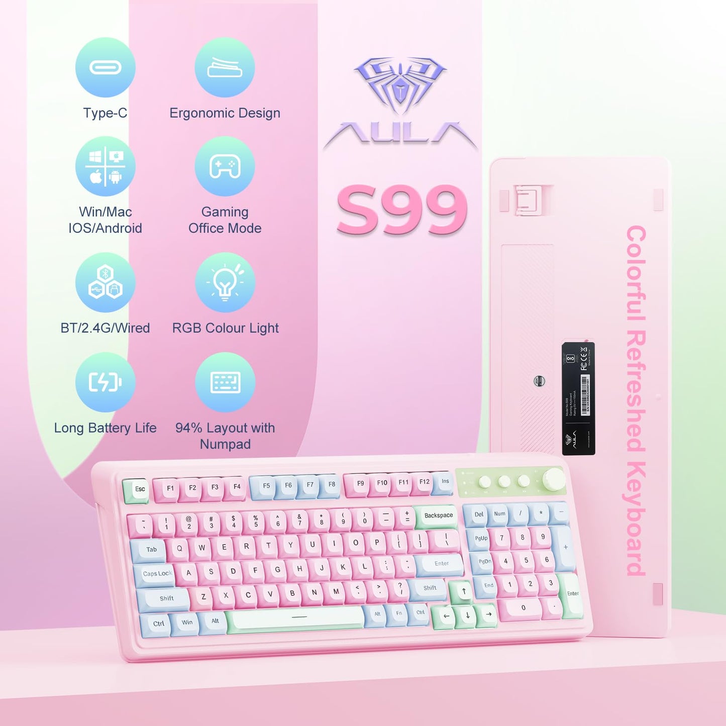 AULA S99 Wireless Gaming Keyboard - Bluetooth, RGB Backlit, Number Pad, Pink