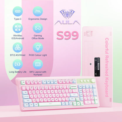 AULA S99 Wireless Gaming Keyboard - Bluetooth, RGB Backlit, Number Pad, Pink