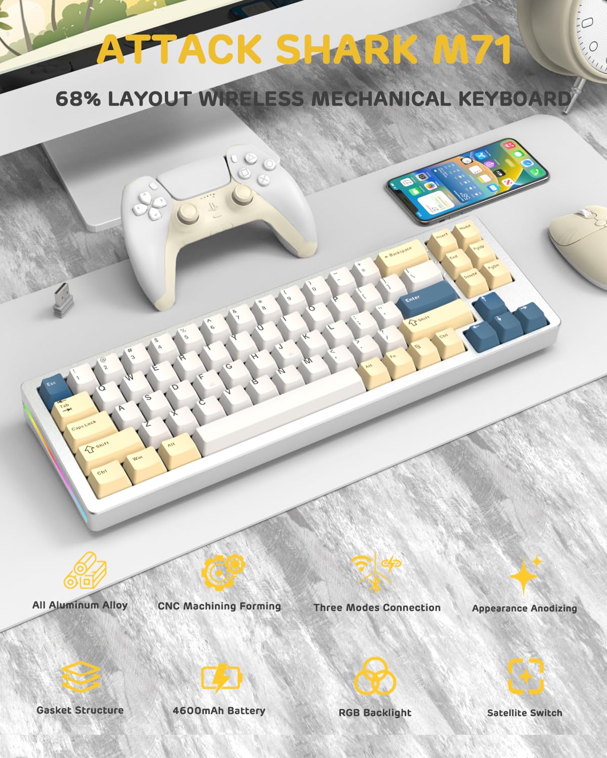 ATTACK SHARK M71 TKL Wireless Mechanical Keyboard, RGB, Hot-swap, 13.78x4.53in, Khaki, Full Aluminum, Linear White Jade Switch