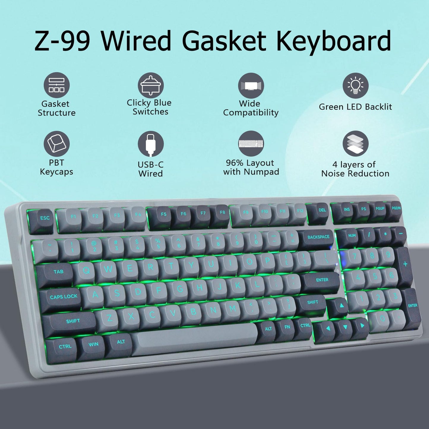 E-YOOSO Wired Mechanical Gaming Keyboard - Clicky Blue Switches, RGB Side Light, Gasket Structure, 99 Keys, Model: a7ea131c, Gray/Black