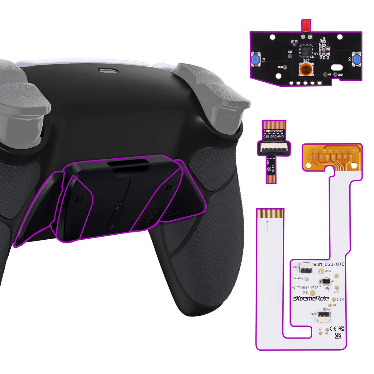 eXtremeRate Black Rubberized Grip Programable RISE4 V3 Remap Kit for PS5 Controller BDM-030 040 050  Upgrade Board Redesigned Bottom Shell 4 Back Buttons Set for PS5 Controller - NO Controller