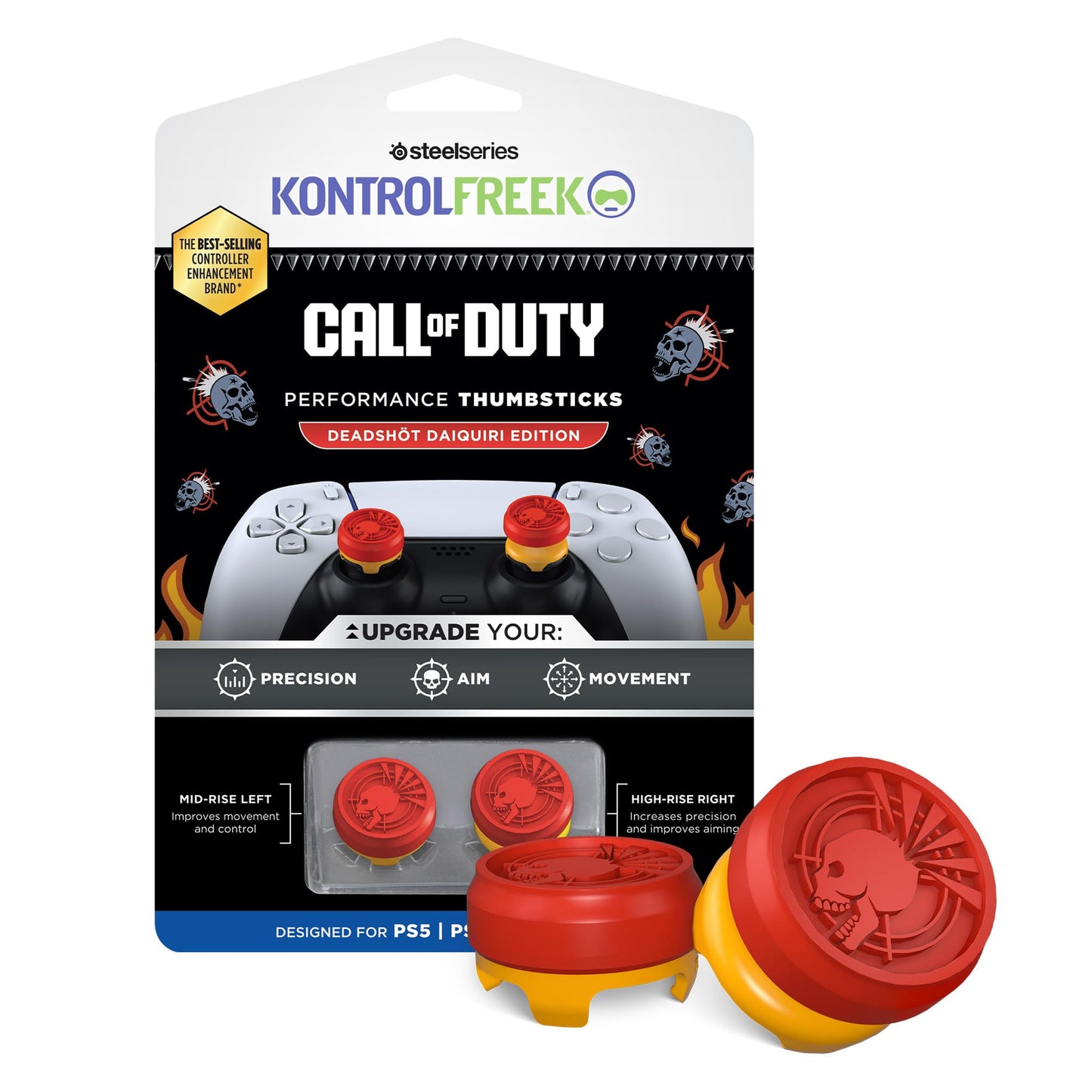 KontrolFreek Call of Duty Deadshot Edition Performance Thumbsticks for PlayStation 5 (PS5) and PlayStation 4 (PS4) | 1 High-Rise  1 Mid-Rise | Red/Yellow