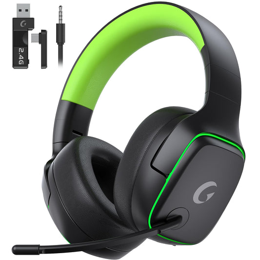 Gvyugke 2.4GHz Wireless Gaming Headsets for PS5  PS4  PC  Switch - Bluetooth 5.3 Gaming Headphones with Noise Canceling Mic  7.1 Surround Sound  70H Battery  Blue Lighting - Black Green