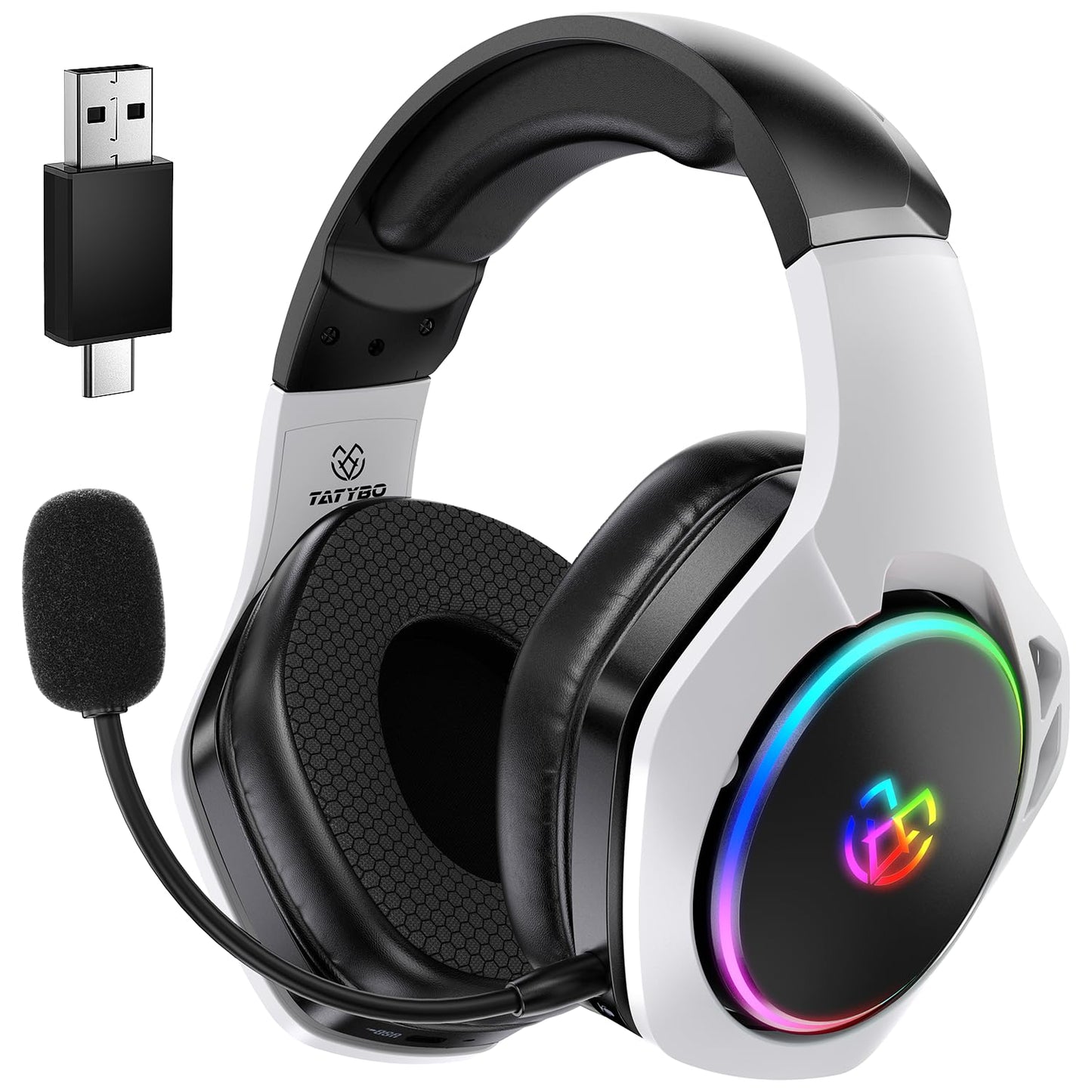 Tatybo Wireless Gaming Headset WT01-W, Bluetooth 5.3, 40Hr+ Battery, Adjustable ENC Mic, Black and White, Compatible with PS5, PS4, PC,
