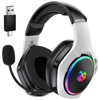 Tatybo Wireless Gaming Headset WT01-W, Bluetooth 5.3, 40Hr+ Battery, Adjustable ENC Mic, Black and White, Compatible with PS5, PS4, PC,
