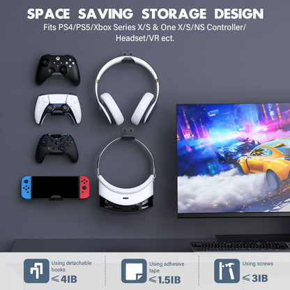 Hollabudz Controller Wall Mount for PS5/PS4/Xbox/Switch - 6 Pack Adhesive Headset Holder, PS5 Accessories