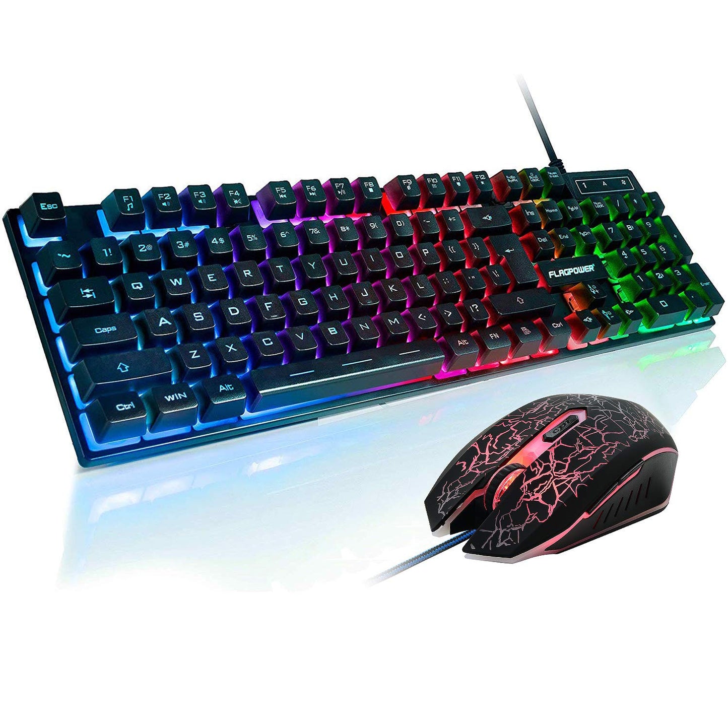 FLAGPOWER RGB Gaming Keyboard & Mouse Combo, Adjustable Backlit, 4800DPI, Black, Model FPCP-KBD-003, 19 Keys Anti-Ghosting
