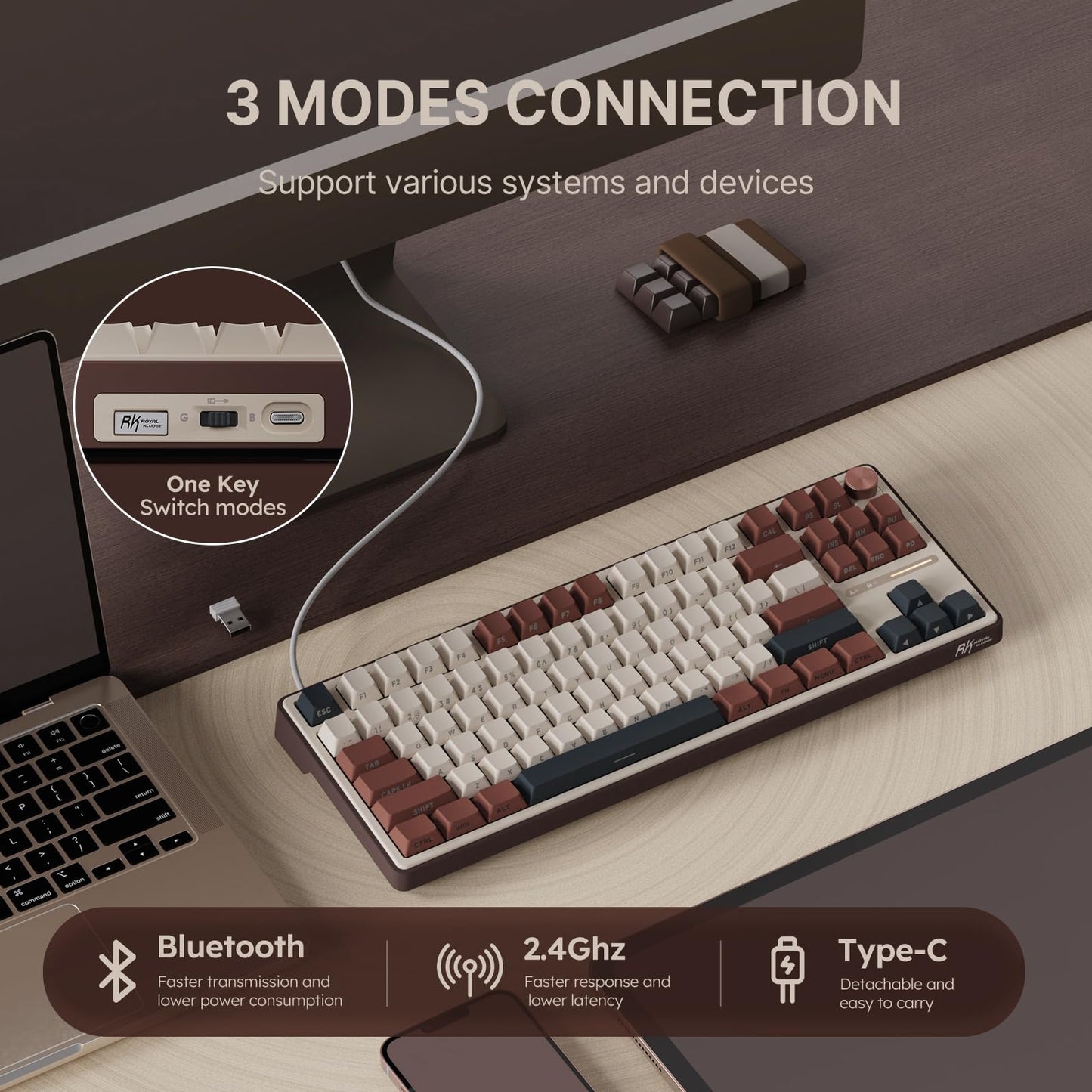 RK ROYAL KLUDGE R87 Pro Wireless Mechanical Keyboard, 75% RGB, Gasket Hot Swappable, Bluetooth/2.4G, Brown PBT Keycap