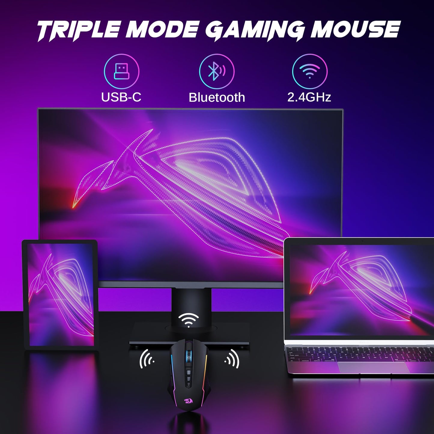 Redragon M914P Wireless Gaming Mouse - Tri-Mode 2.4G/USB-C/Bluetooth, 12000 DPI, RGB Backlit, Black