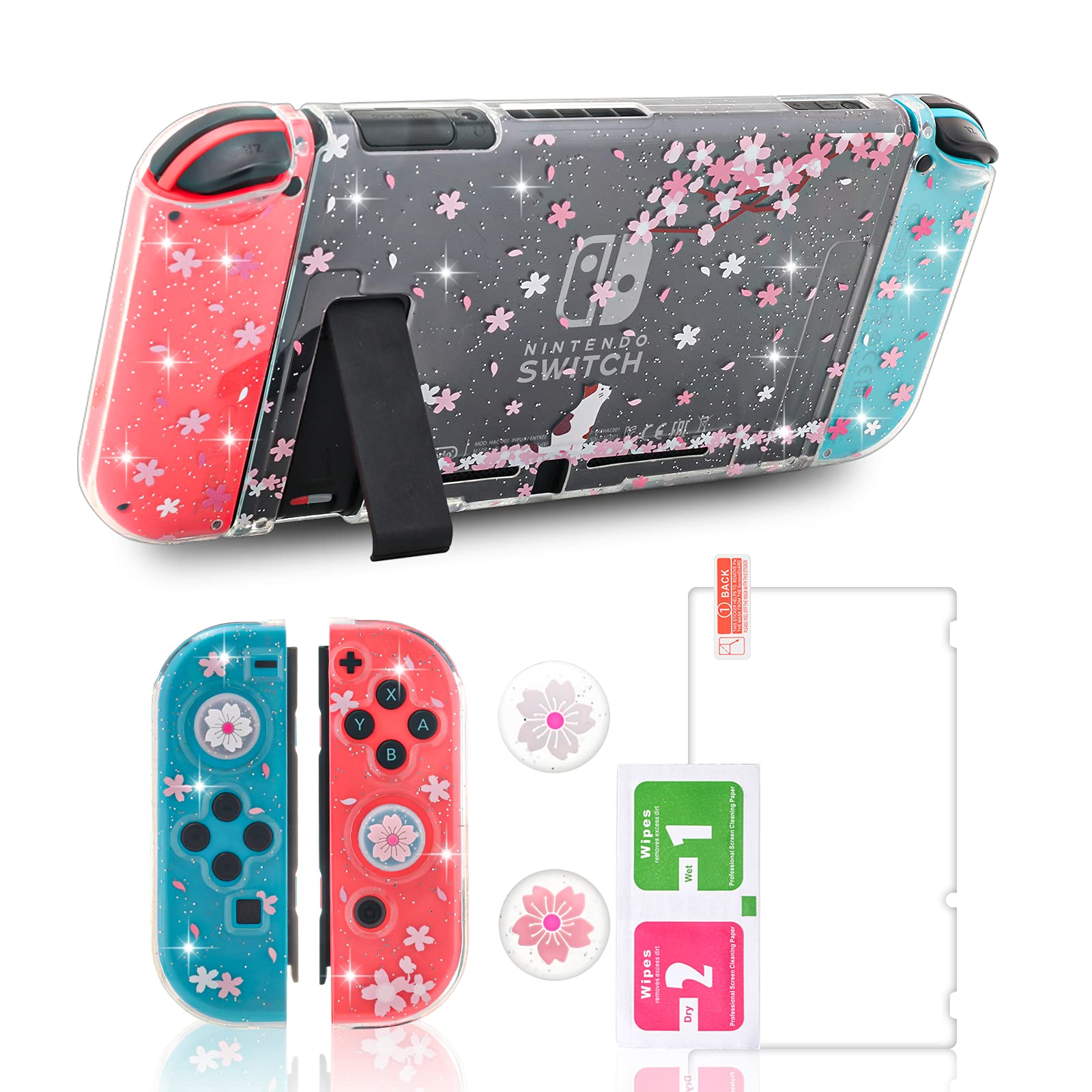 ECHZOVE Switch Clear Glitter Case - Cherry Blossom Design with Cat Pattern, TPU Material, Includes 2 Thumb Grips & Tempered Glass Protector