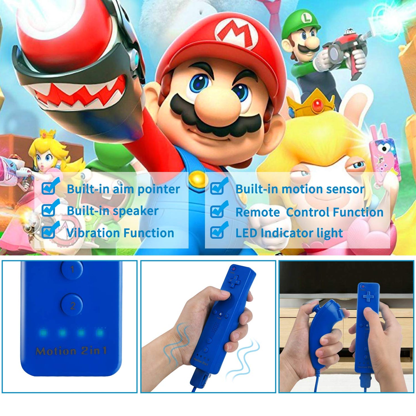 TechKen Wireless Controller for Wii & Wii U - Built-in Motion Plus, Blue, 1 Pack