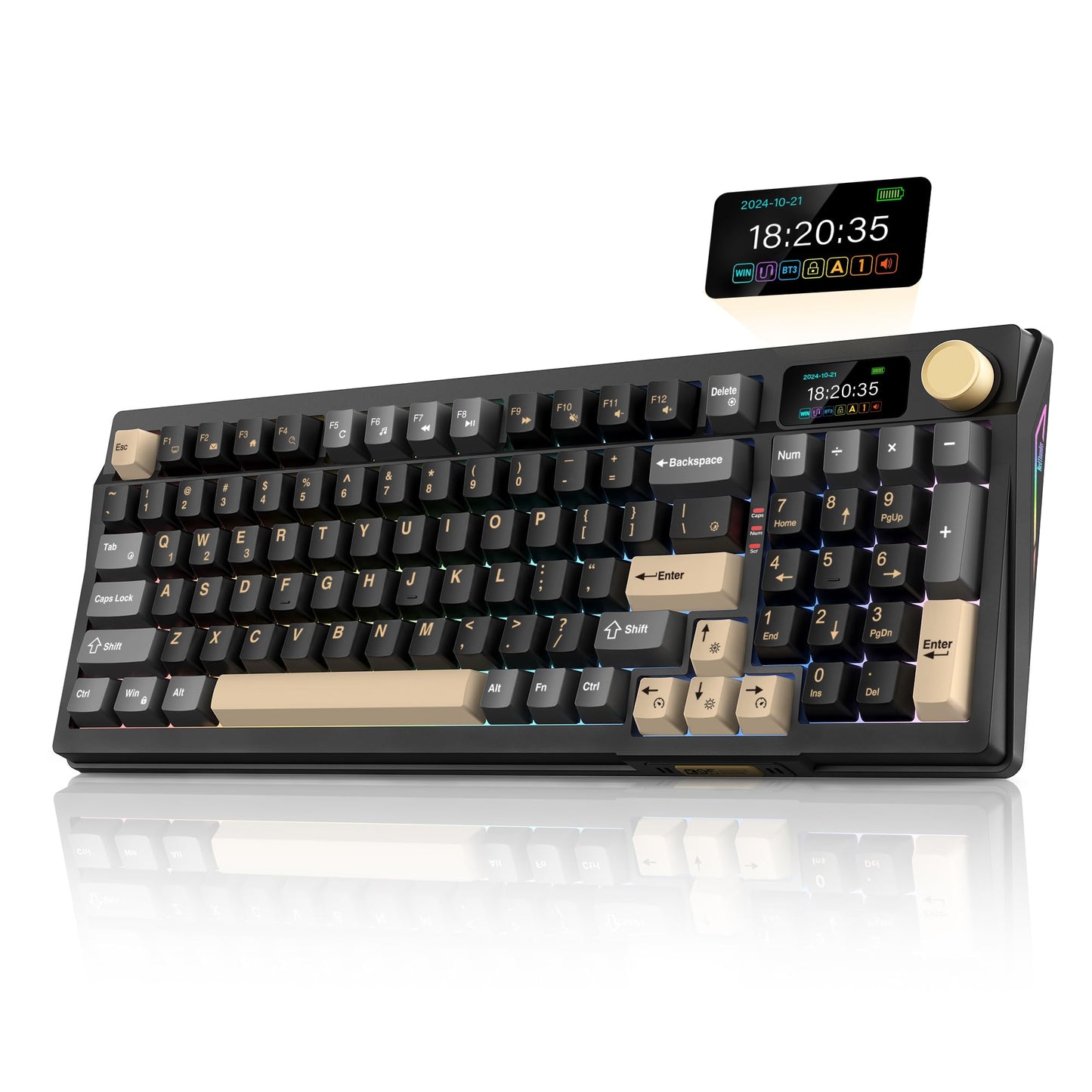 RedThunder K95 Wireless Mechanical Keyboard - TFT Screen, Tri-Mode, RGB, Black-Gold