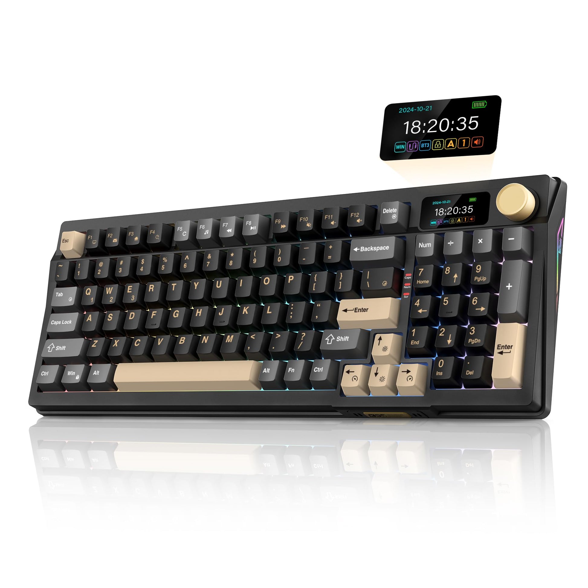 RedThunder K95 Wireless Mechanical Keyboard - TFT Screen, Tri-Mode, RGB, Black-Gold