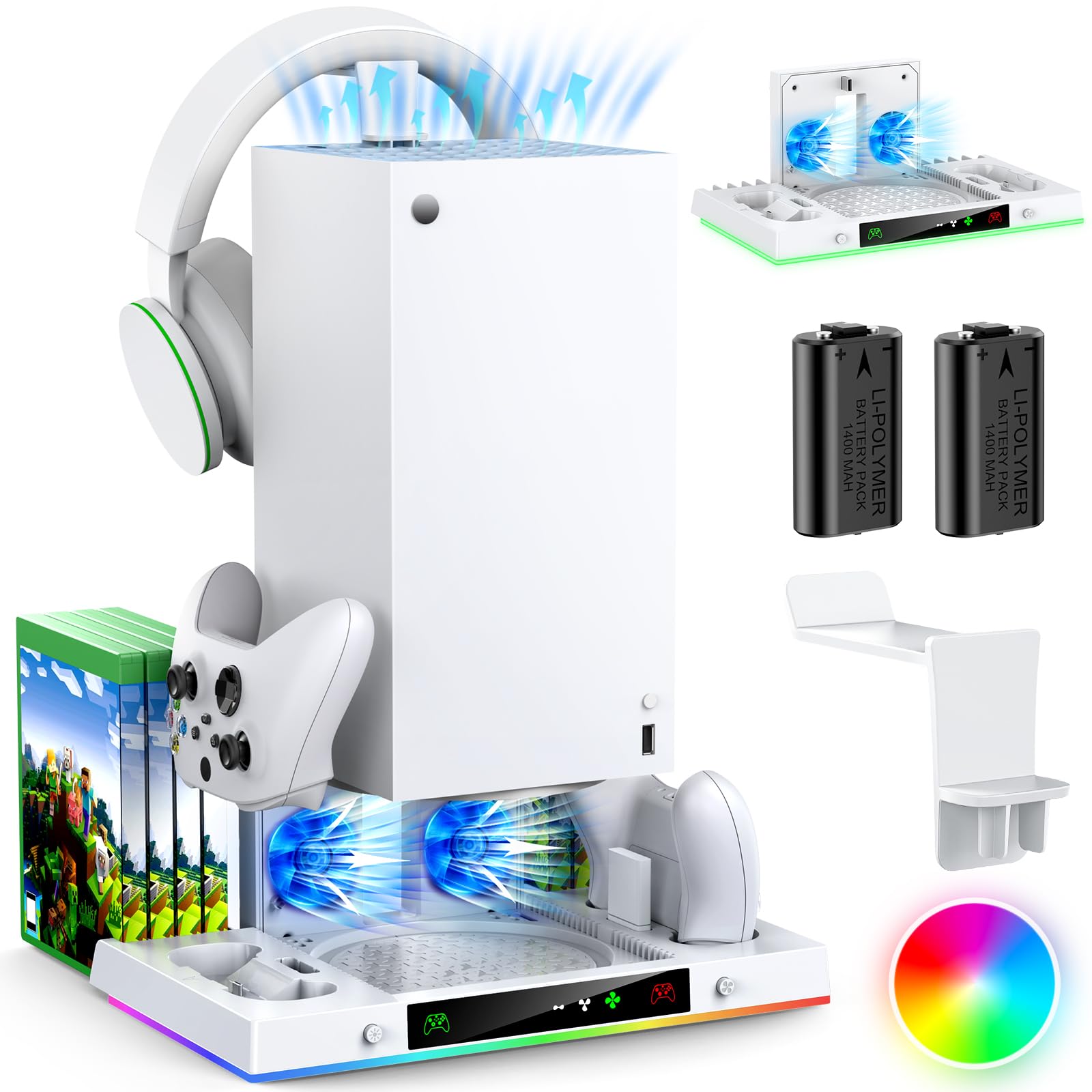 Upgrade Cooling Fan&Dual Charging Stand for Xbox Series X Console&Controller Cooler Charger Station System for XSX with 15 RGB Light  2x1400mAh Rechargeable Battery Disc Accessories Storage (White)