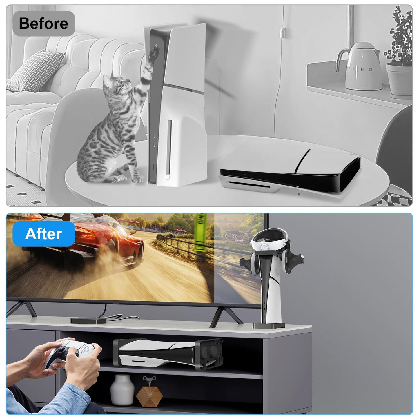 OCTODER PS5 Slim Console Stand with Headset & Controller Hooks, Black, Model E498970-Y001536713FBA