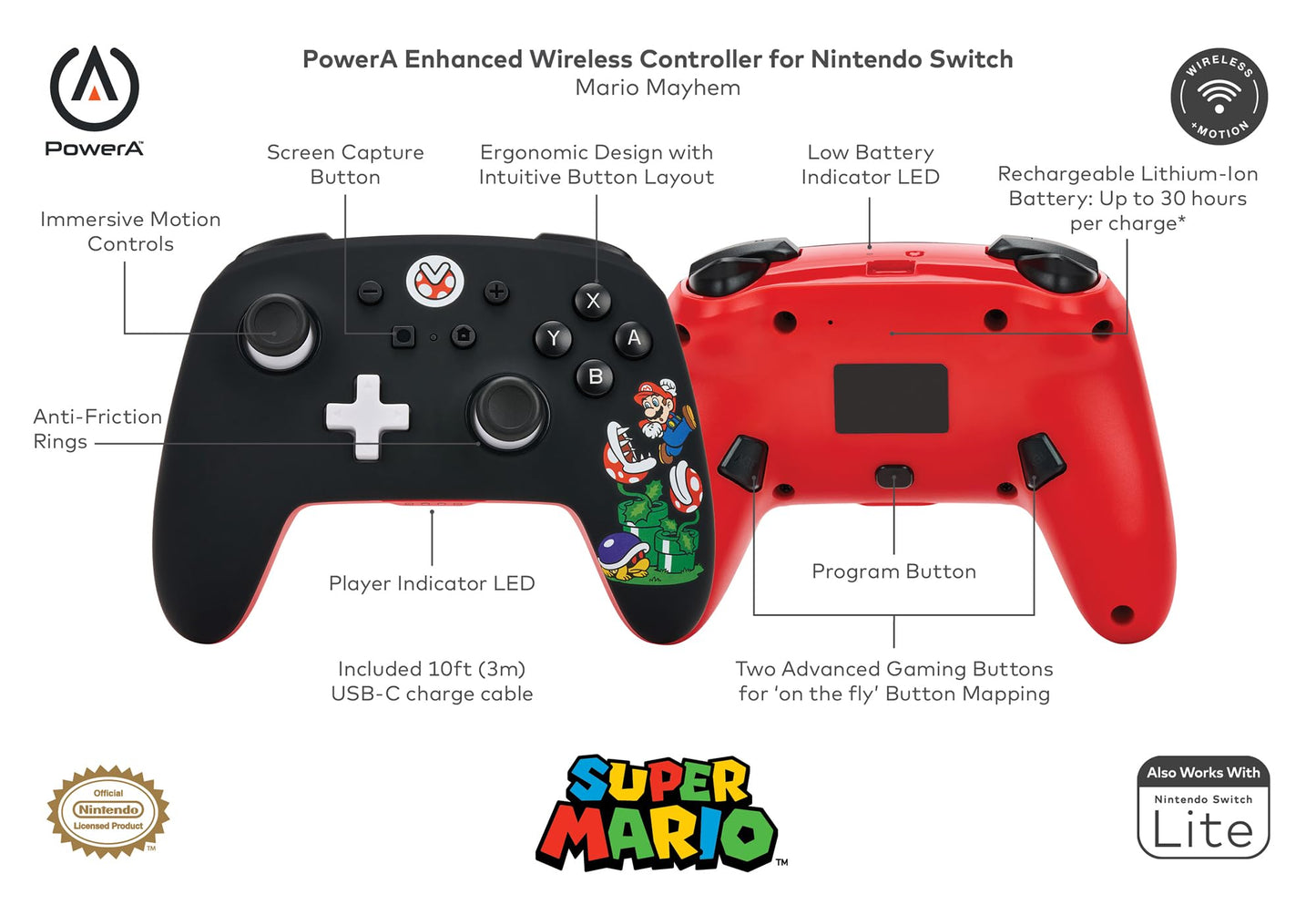 PowerA Enhanced Wireless Controller for Nintendo Switch - Mario Mayhem - Blue/Red/Black - Model 1522795-01 - Officially Licensed Gamepad