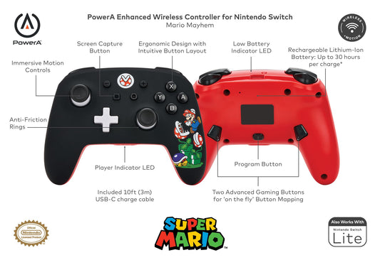 PowerA Enhanced Wireless Controller for Nintendo Switch - Mario Mayhem - Blue/Red/Black - Model 1522795-01 - Officially Licensed Gamepad