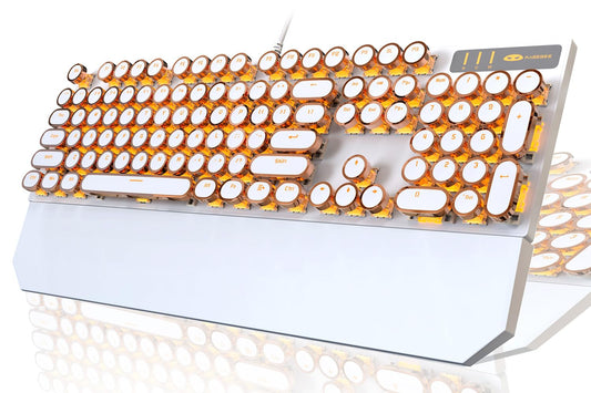 Typewriter Style Mechanical Keyboard  Retro Punk Gaming Keyboard with Gold LED Backlit  Cute Wired Keyboard 104 Keys Full Size Keyboard  Uique Round Keycaps for Windows/Mac/PC(White&Gold)