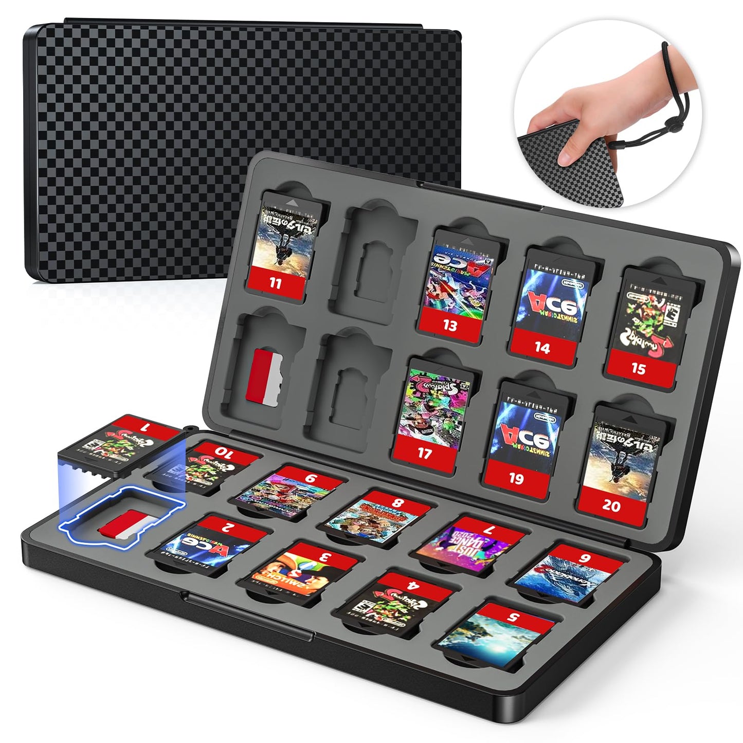 Klipdasse Switch Game Card Case for Nintendo Switch 2/1 - Game Holder for Switch Cartridges with 20 Game Card Slots & 20 Micro SD Card Slots  Magnetic Closure  Hard Shell Case with Lanyard