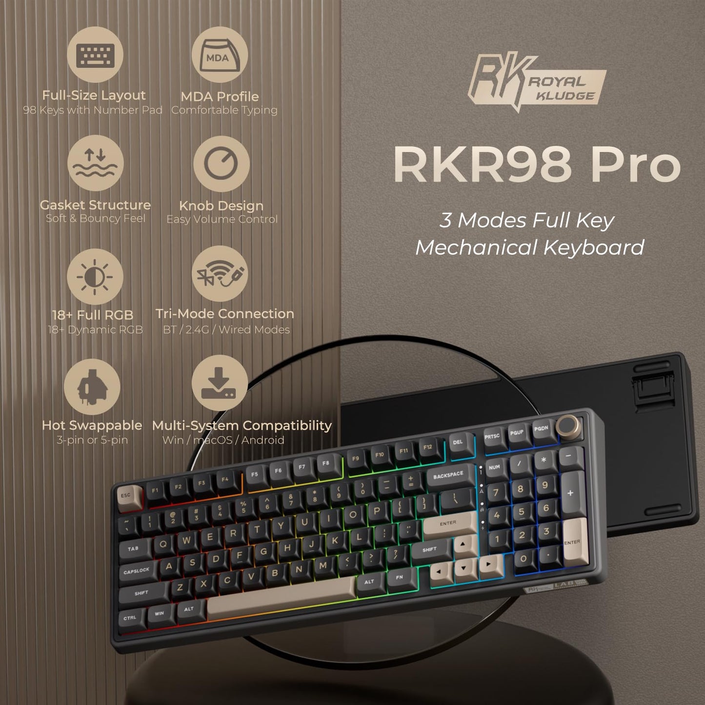 RK ROYAL KLUDGE R98 Pro Wireless Mechanical Keyboard - RGB, Bluetooth/2.4GHz, PBT Keycaps, Black
