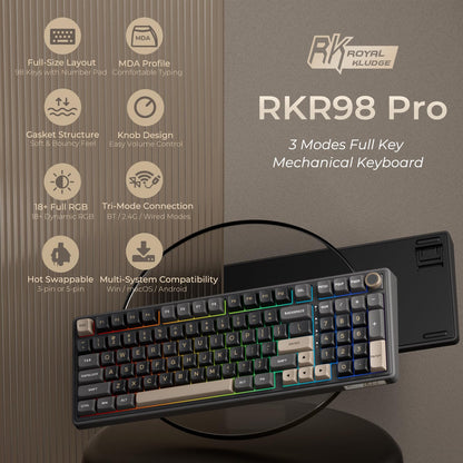 RK ROYAL KLUDGE R98 Pro Wireless Mechanical Keyboard - RGB, Bluetooth/2.4GHz, PBT Keycaps, Black