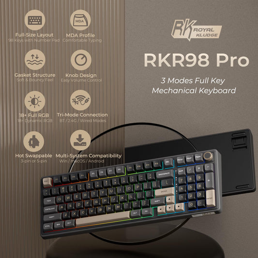RK ROYAL KLUDGE R98 Pro Wireless Mechanical Keyboard - RGB, Bluetooth/2.4GHz, PBT Keycaps, Black