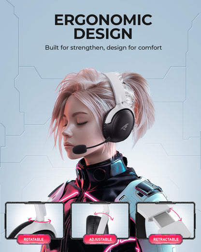 KOFIRE Wireless Gaming Headset, 2.4GHz, Bluetooth 5.4, 53mm Stereo Sound, 65H Battery, ENC Mic, Black-White, Model UG-