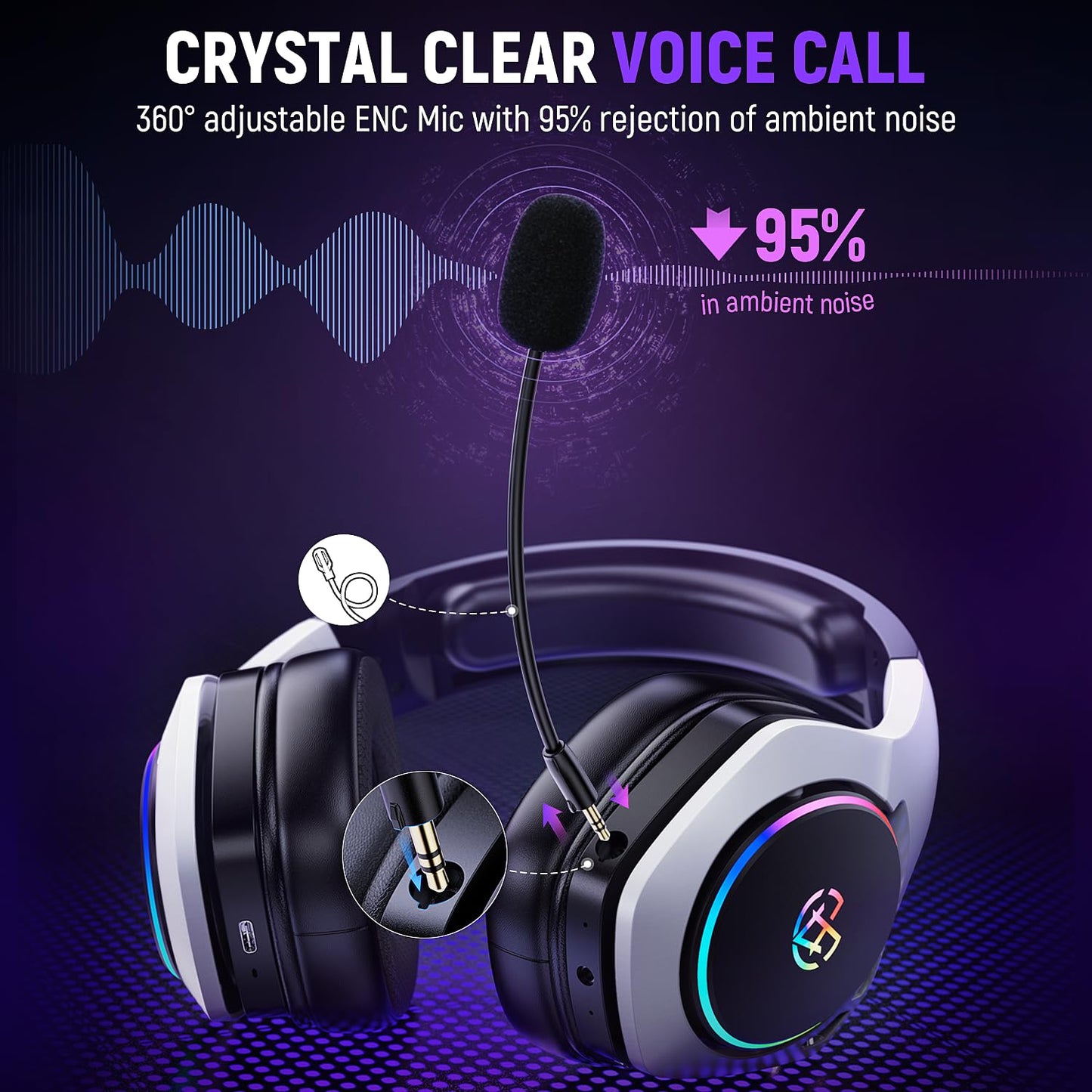 Tatybo Wireless Gaming Headset WT01-W, Bluetooth 5.3, 40Hr+ Battery, Adjustable ENC Mic, Black and White, Compatible with PS5, PS4, PC,