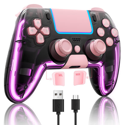 BRHE Wireless PS4 Controller - Pink, Hall 3D Joysticks, RGB LED Lights, Programmable Funtion for PS4/Slim/Pro