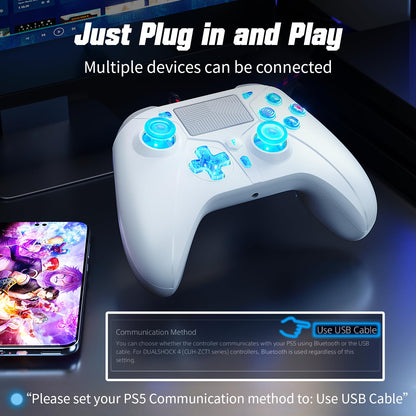 Gamrombo LED Wired Controller for PS5/PS5 Pro, 10ft Cable, White, Compatible with PS4/PC, 3.5mm Jack, Dual Vibration, Macro Function