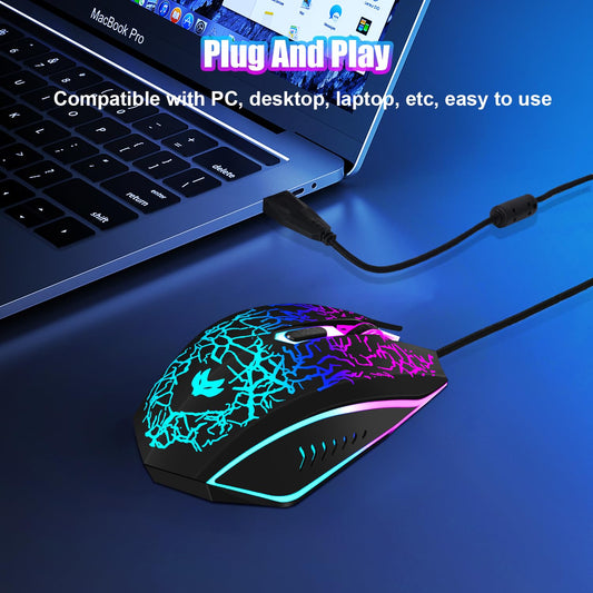 LuLabboard Wired Gaming Mouse - Ergonomic 6 Silent Clicks, 2400 DPI, 4-Color LED Light, USB Wired, Black