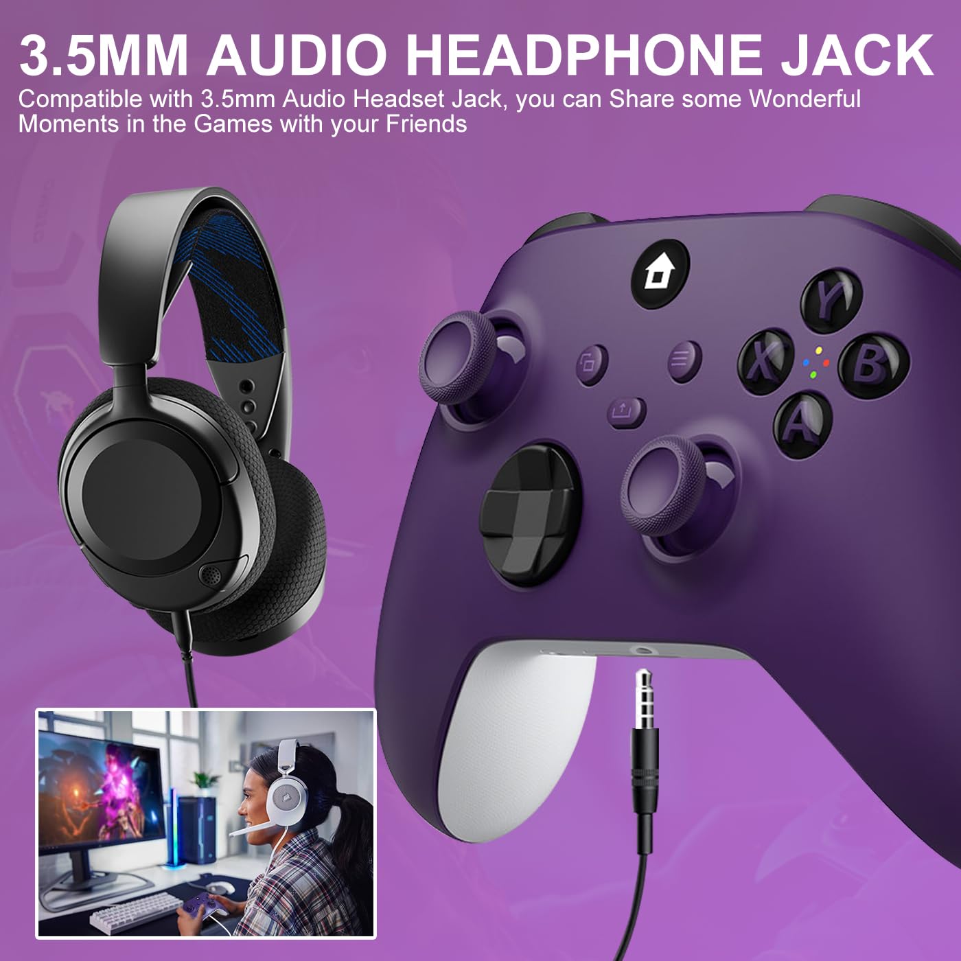 ADHJIE Xbox One Wireless Controller - 2.4GHz, Compatible with Xbox One/X/S/PC, 3.5mm Headphone Jack, Purple